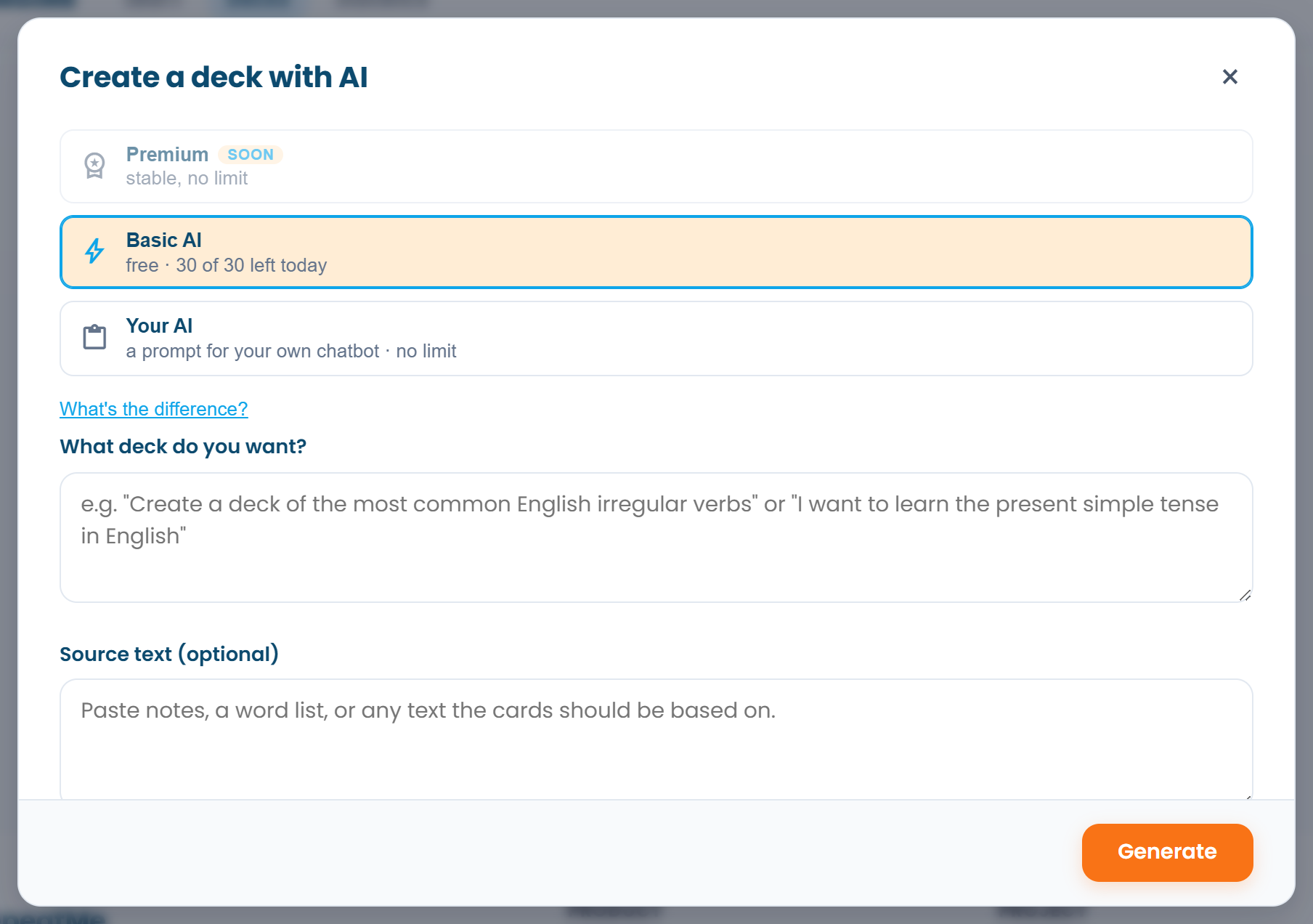 The AI method choice in the deck creation form