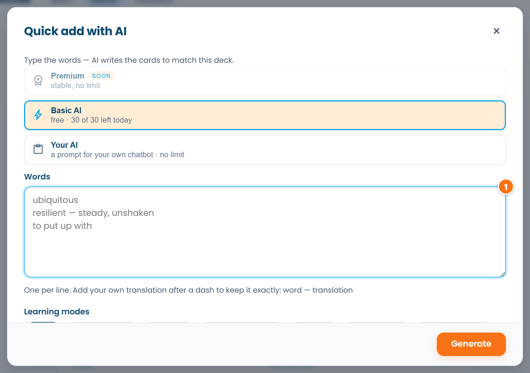 Quick-add with AI: a word list for the next batch of cards