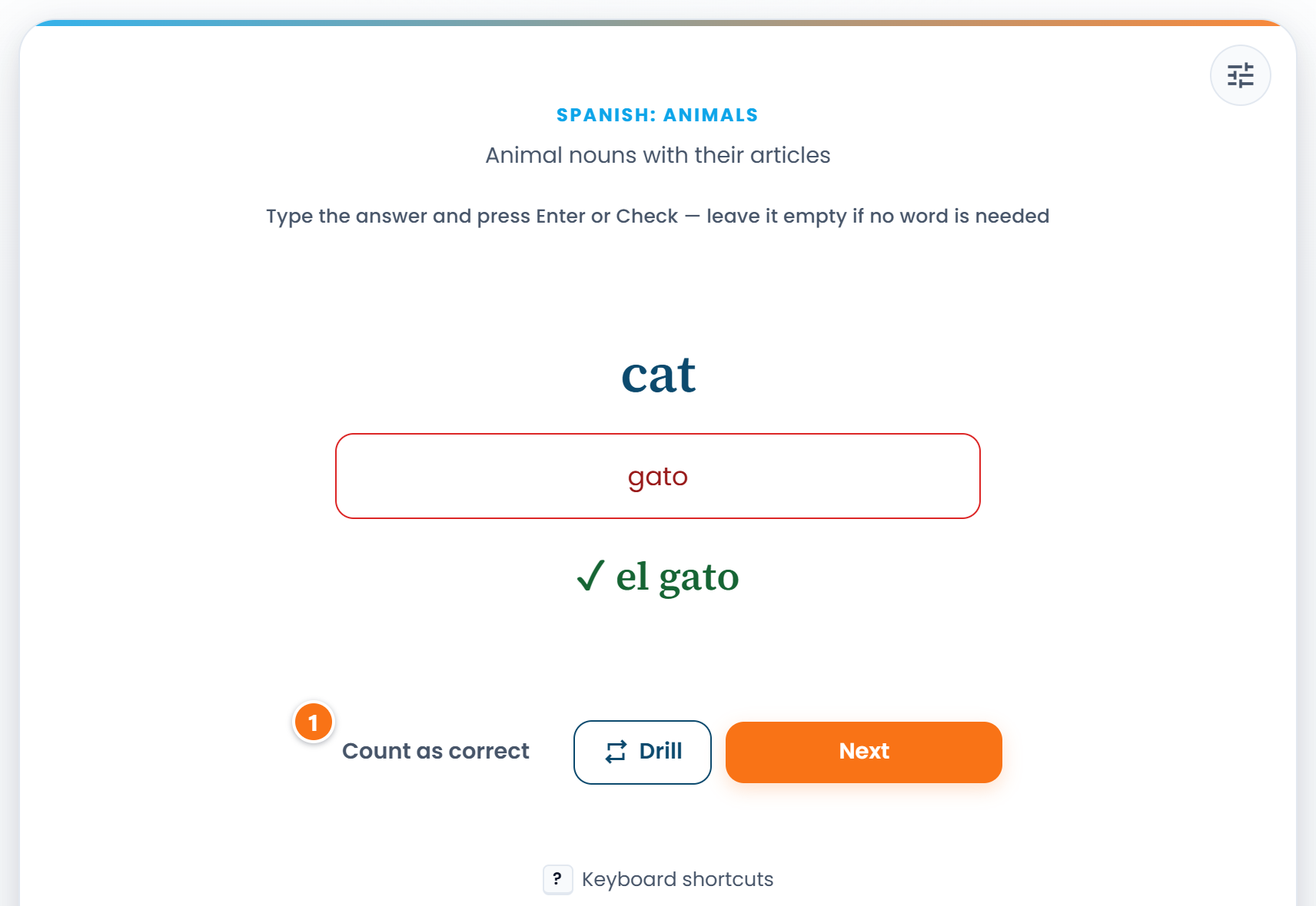 A typed answer marked wrong, with the Count as correct button under it