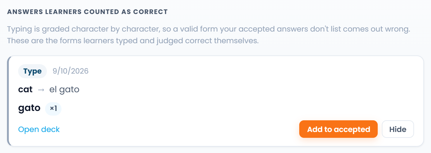 The credited-answers list: the wording, the card and the add-to-accepted button