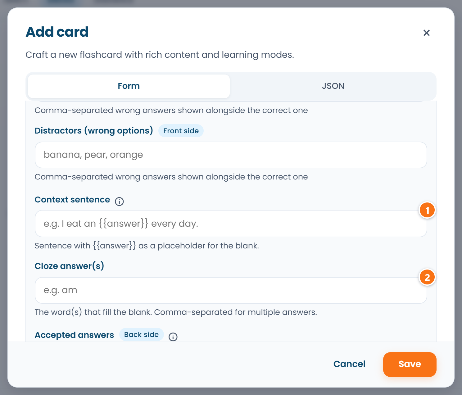 The card form: the Context sentence and Cloze answer fields after a gap mode is switched on
