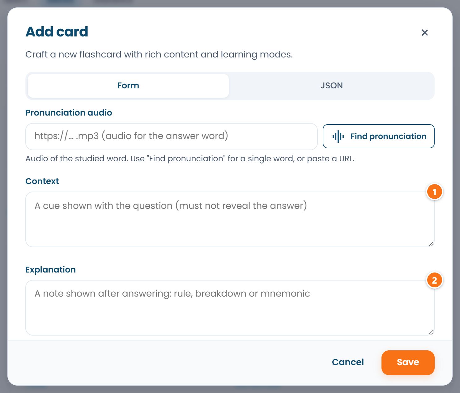 The card form: the Context and Explanation fields