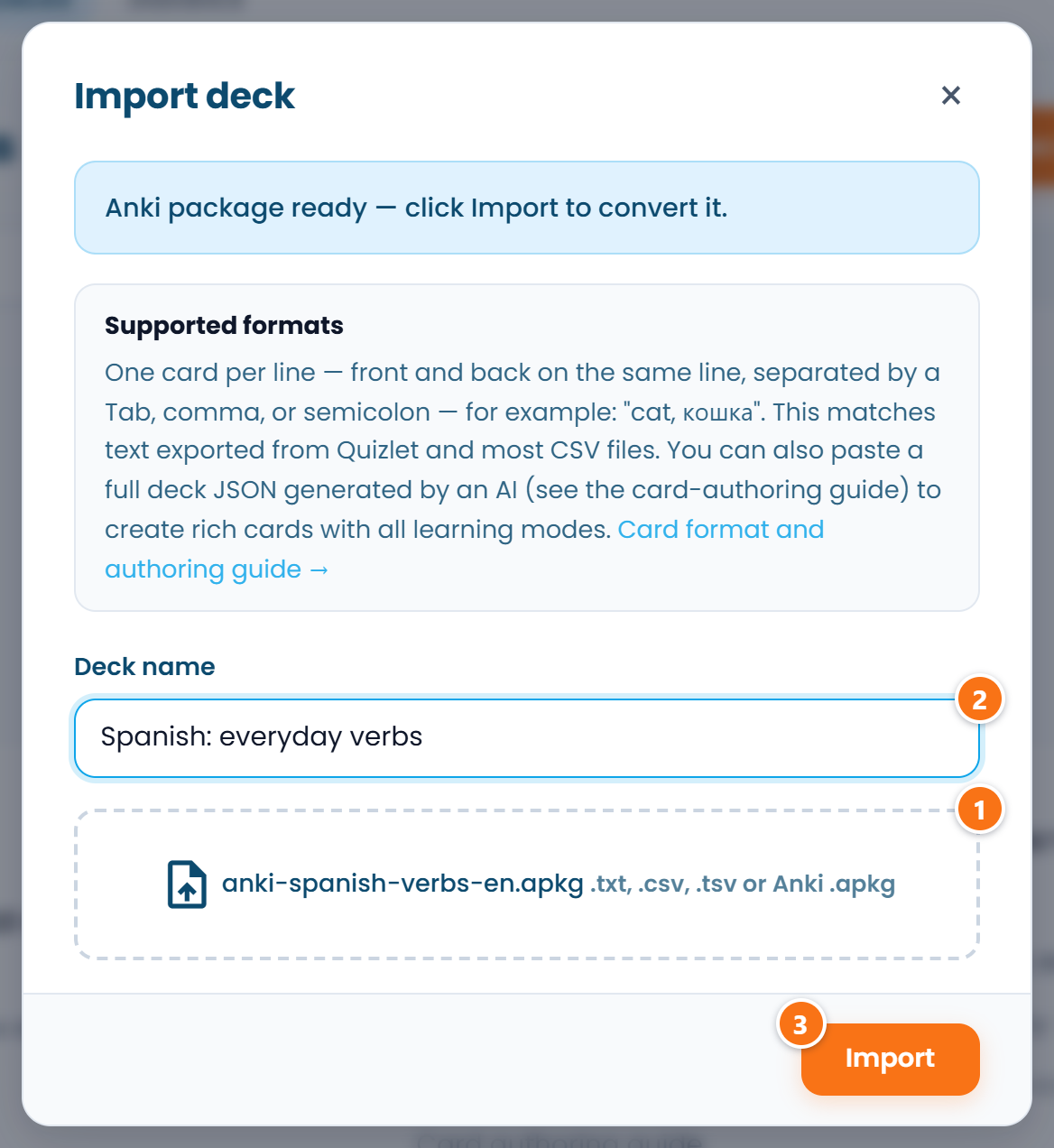 Import window: the upload area with the chosen .apkg, the name field and the Import button
