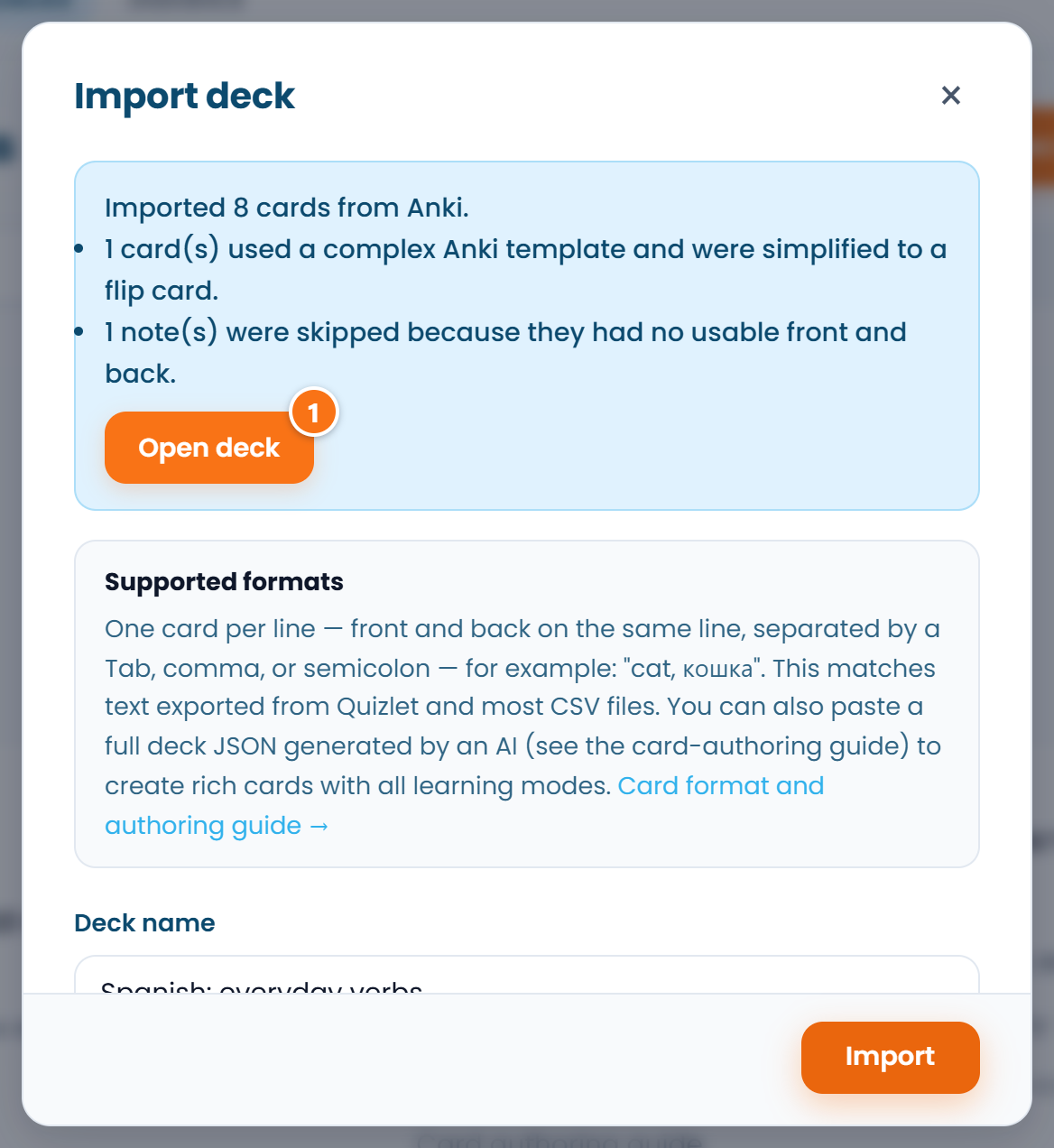 Post-import report: the card count, two warnings and the Open deck button