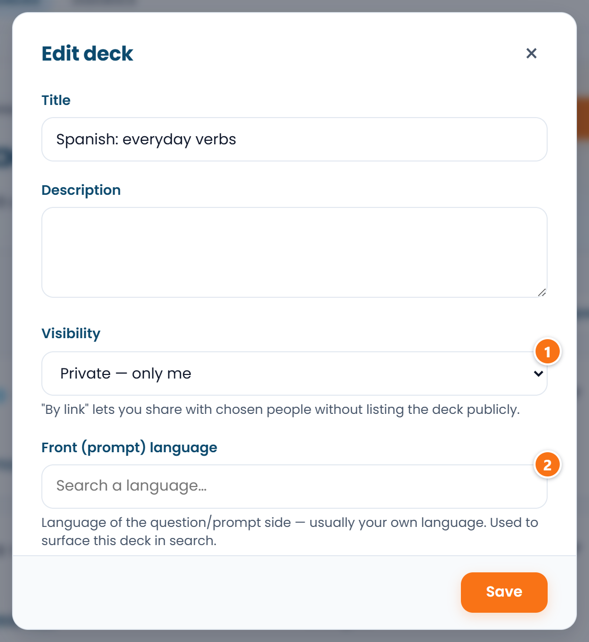 Deck form: the visibility selector and the front language field