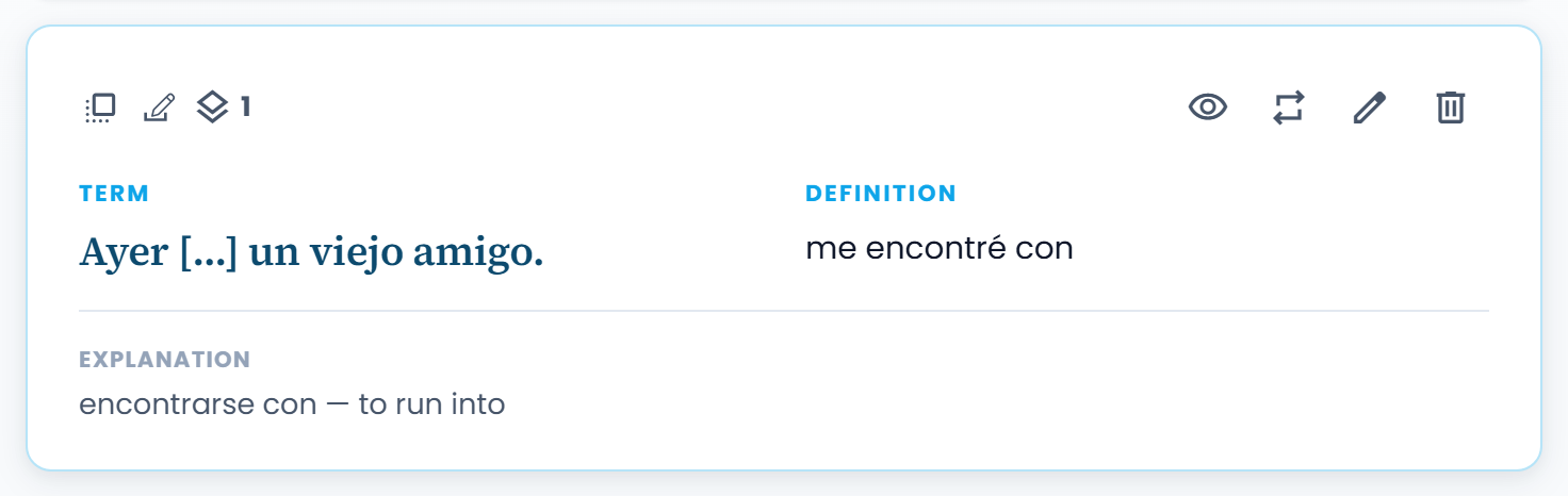 An imported cloze card: the sentence with a gap, the answer and the explanation from Back Extra