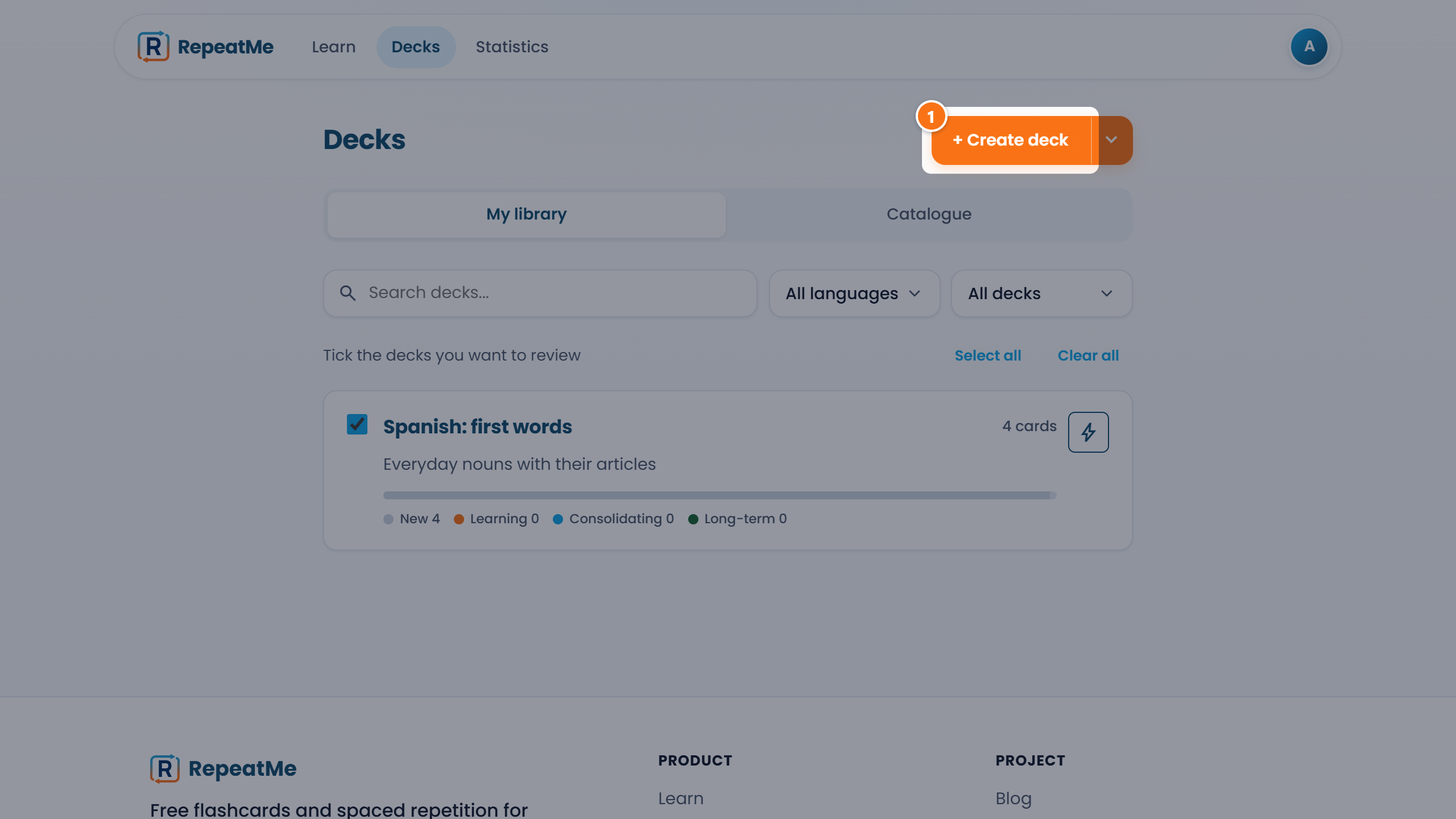 The deck catalogue: the create-deck button above the library list